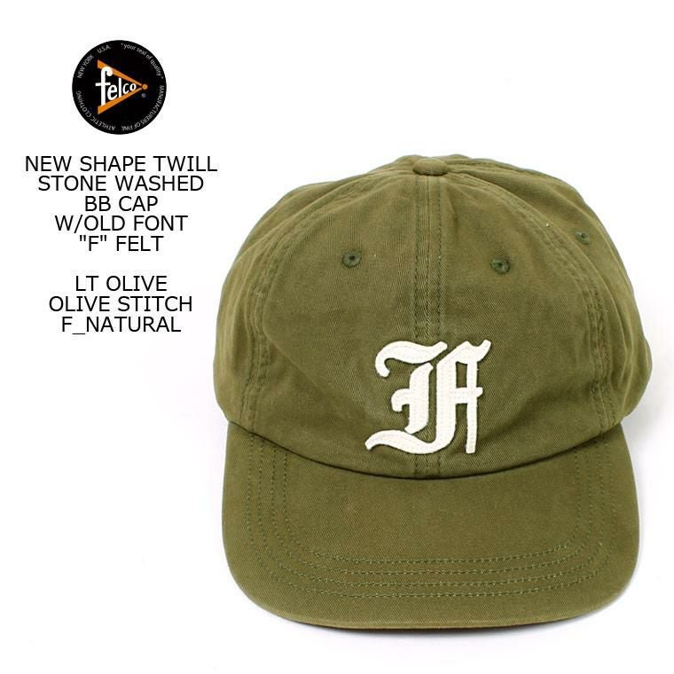 使いやすいオリーブカラーのキャップでFのオールドフォントがワンポイント