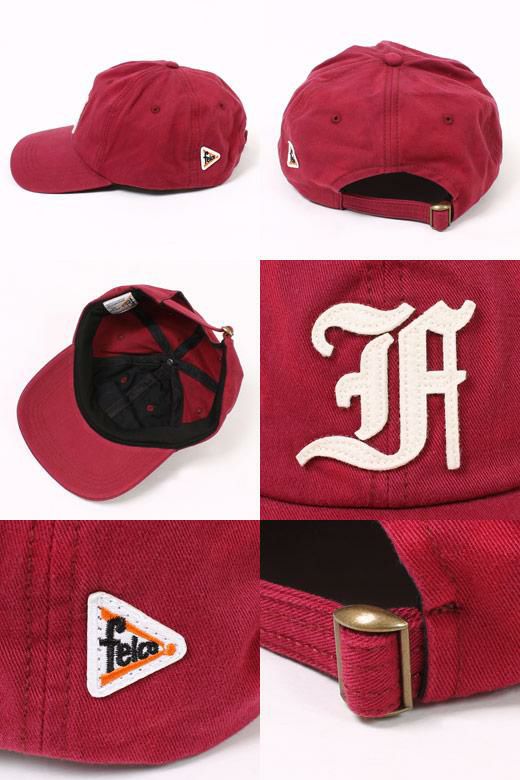 使いやすいダークレッドカラーのキャップでFのオールドフォントがワンポイント